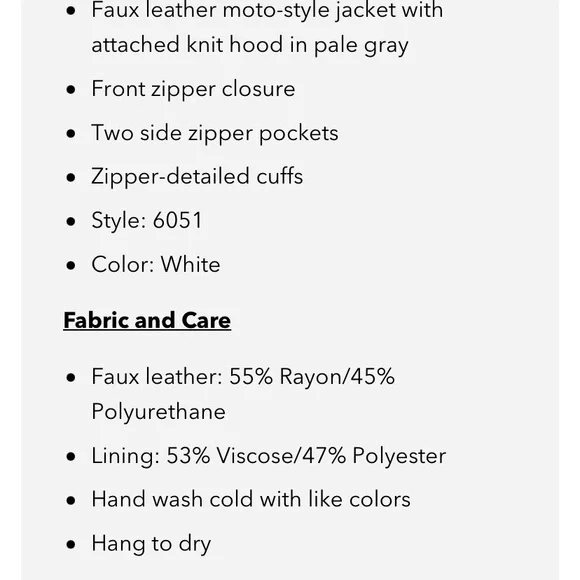 Jacket vegan leather moto style white with gray hood insert - Picture 2 of 7